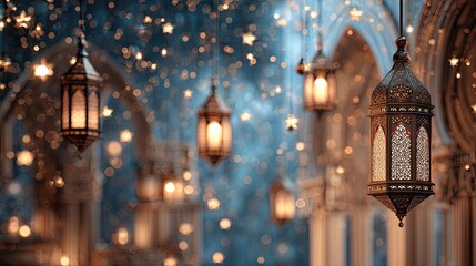 Obraz premium Ornate lanterns, glowing softly, hang in a beautiful archway