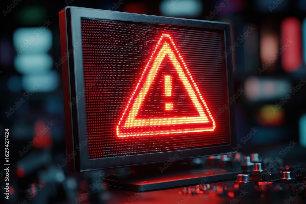 Aufkleber warning sign illuminated on a computer screen in a dimly lit room indicating a potential error or al