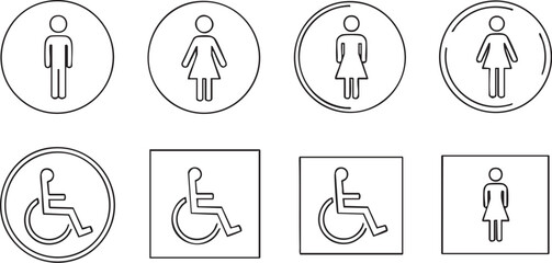 A set of vector icons showing silhouettes of people, men, and women for social, business, or restroom signs