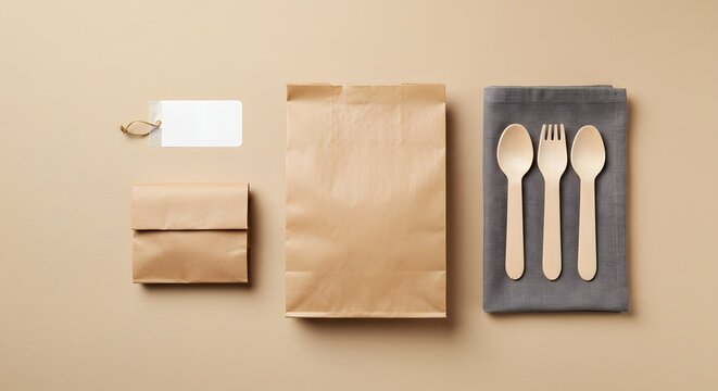 Minimalist EcoFriendly Takeout Set A Clean Flat Lay of Paper Bags and Wooden Cutlery. - Powered by Adobe