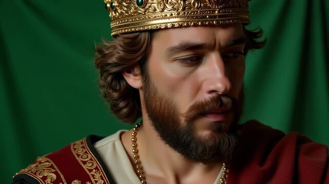 Stunning close-up portrait of King David wearing an ancient crown on a vibrant green screen, perfect for historical dramas and visual storytelling