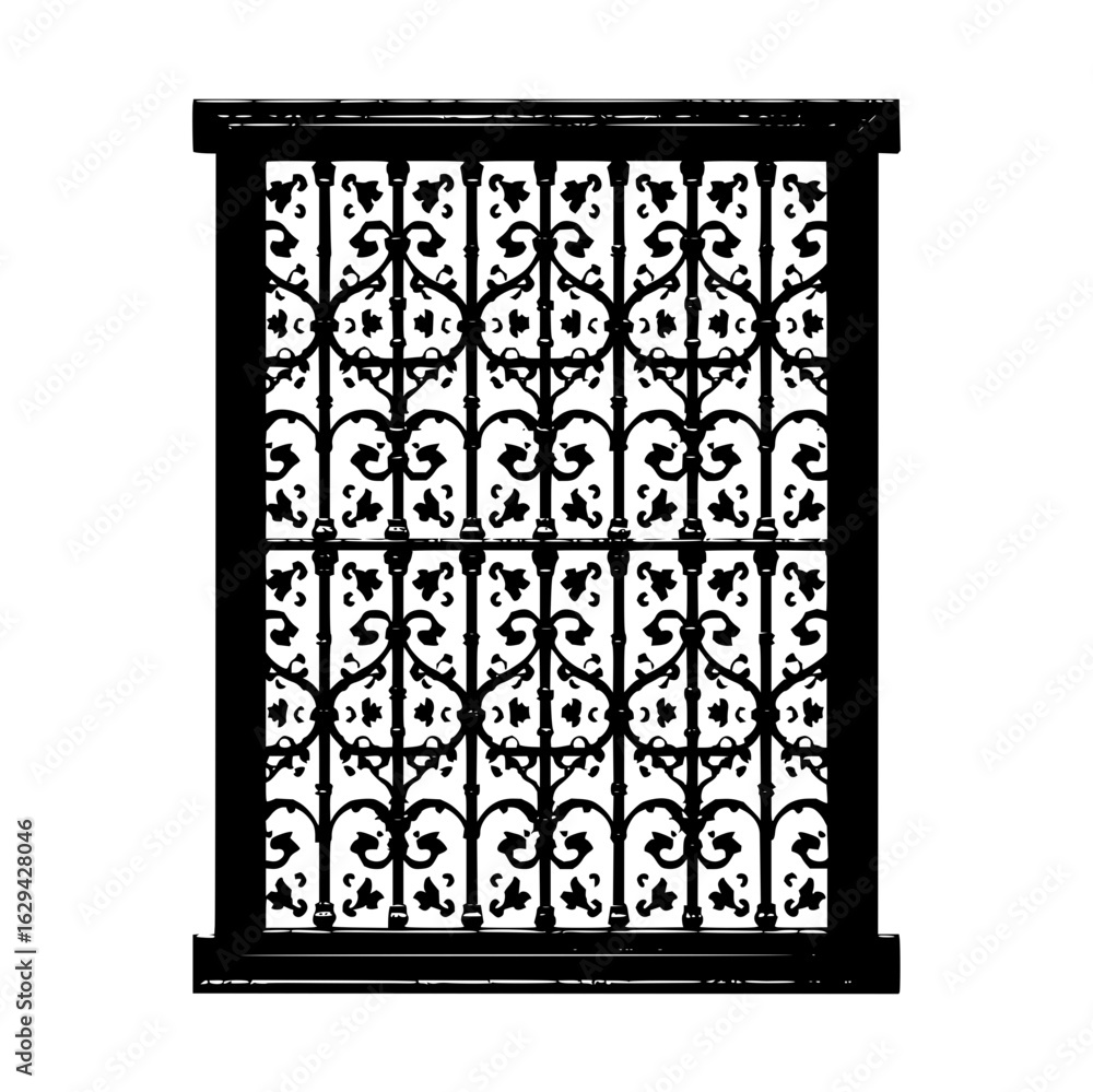 Aufkleber illustration of a decorative wrought iron window with intricate floral and scrollwork patterns desig