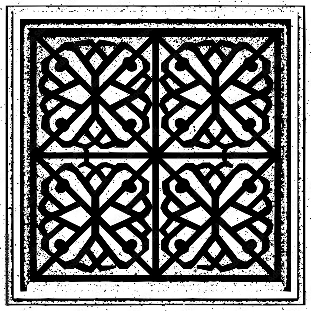 Poster geometric design with four quadrants each containing a floral like pattern inside a square frame bor