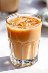 A healthy lifestyle breakfast drink, consisting of a fresh creamy protein shake or smoothie in a glass, is illuminated by natural window light and adorned with a leaf shadow, perfect for fitness