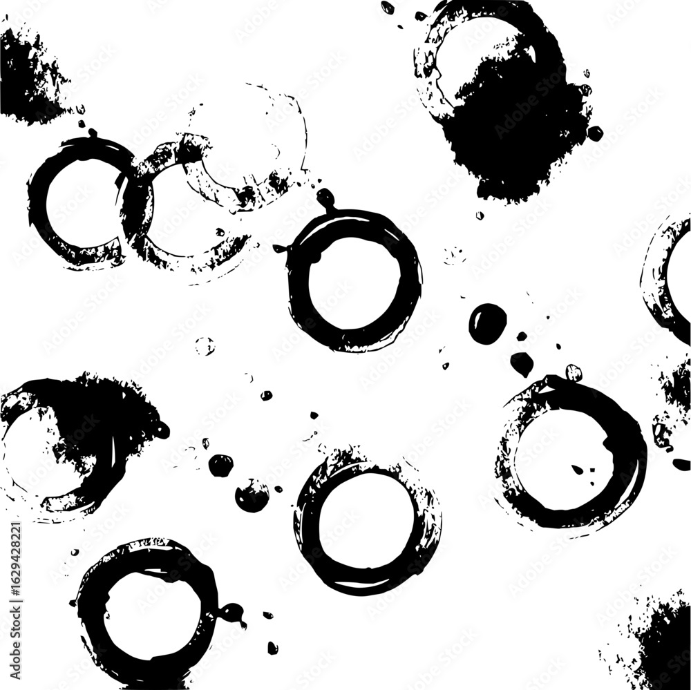 Poster black ink stain rings and splatters scattered on white background creating a grungy and abstract pat