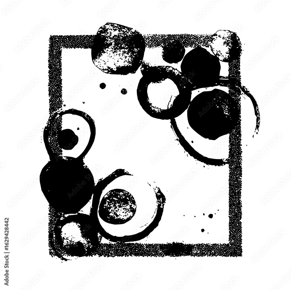 Poster black ink circles and dots arranged inside a textured square frame on a white background art design