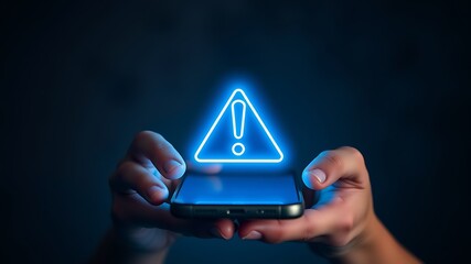 Glowing blue warning symbol above smartphone held by hands triangle exclamation