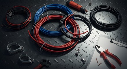 Meticulous Electrical Layout Coiled Wires and Tools on a Dark Diamond Plate Surface.