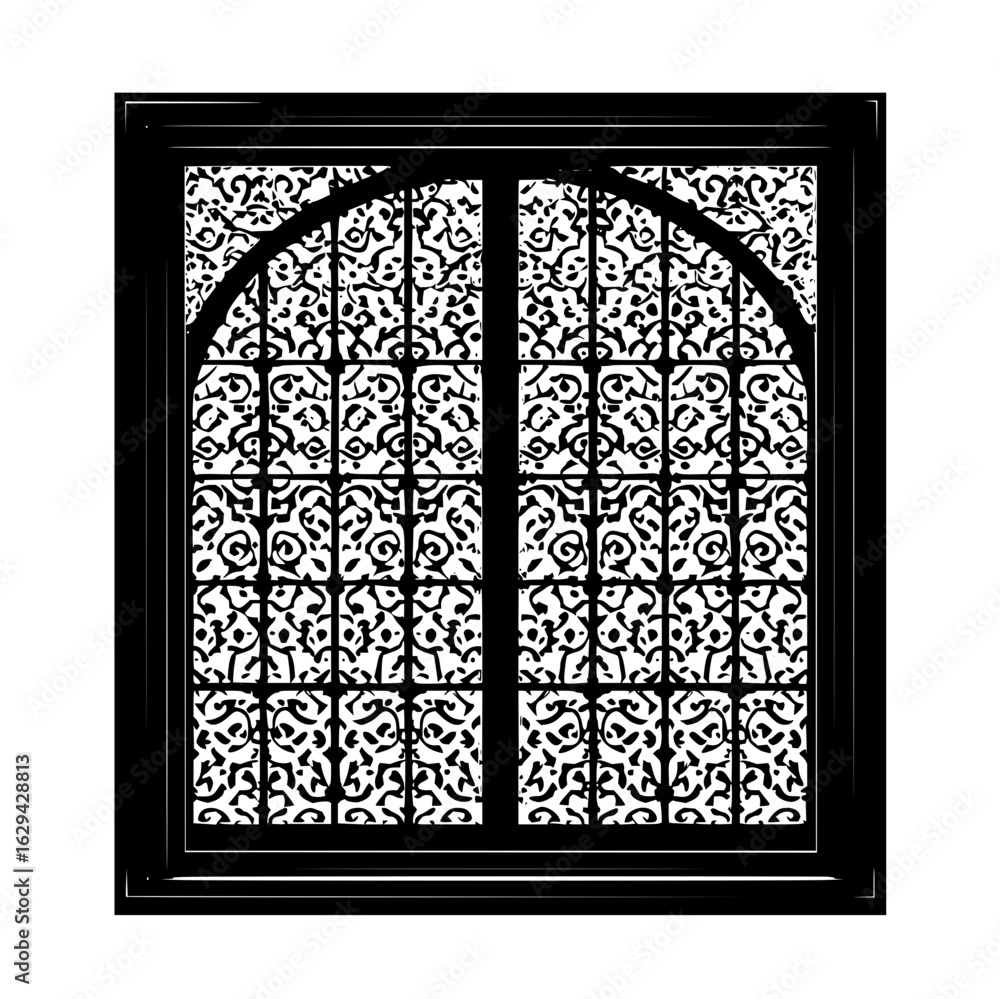 Poster ornate black window with arched top and intricate floral pattern within a rectangular black frame de
