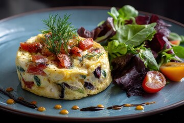 Omelet vegetable salad served on a blue plate with fresh greens and cherry tomatoes in a modern dining setting