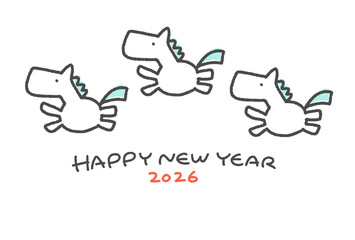 手描きの三匹の走る白馬のかわいい年賀状テンプレート　2026