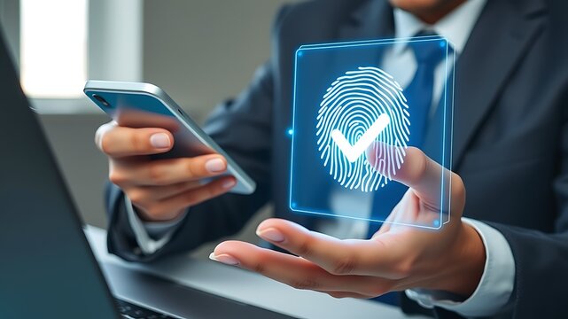 Person using phone interacting with digital fingerprint scan image