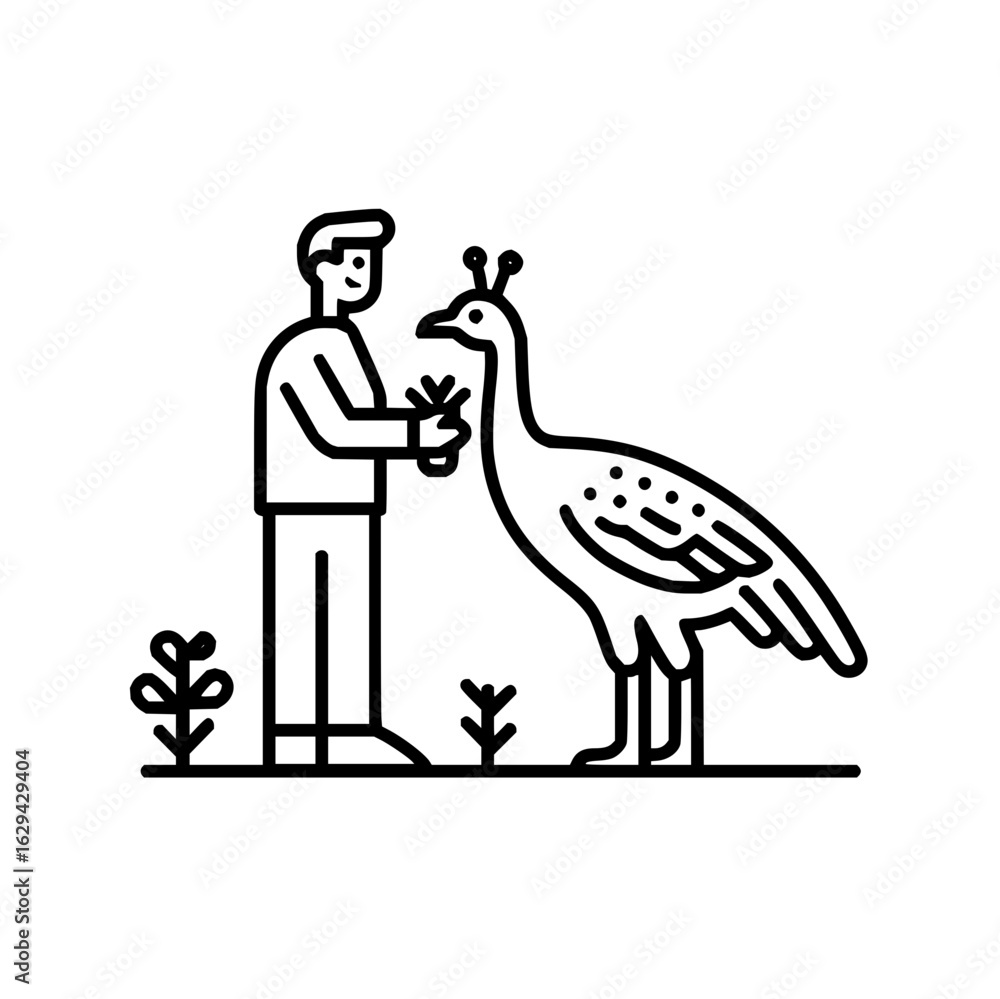 Poster a person feeding a large bird with decorative feathers in a simple black and white line drawing styl