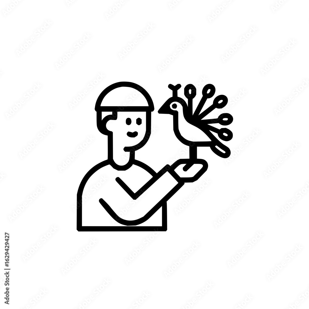 Poster a person wearing a hat holding a bird with decorative feathers in a simple line drawing style image