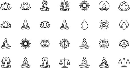Obraz premium Vector art of collection of yoga and meditation icons isolated on white background