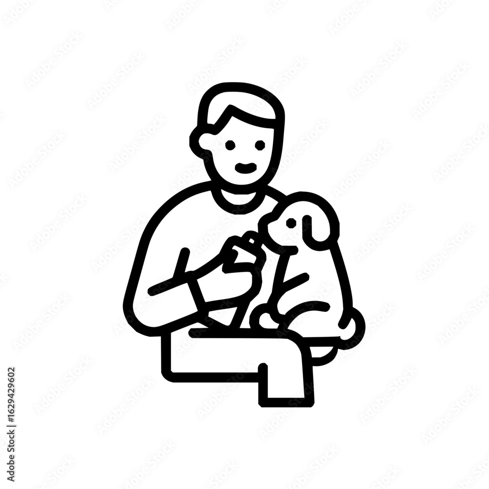 Poster man feeding a small dog with a bottle in a black and white outline style in a simple vector image