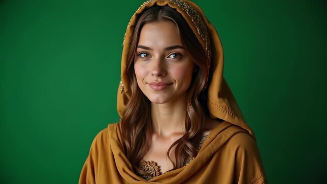 Leah in traditional Hebrew dress on a green screen, perfect for historical dramas, biblical reenactments, and cultural projects