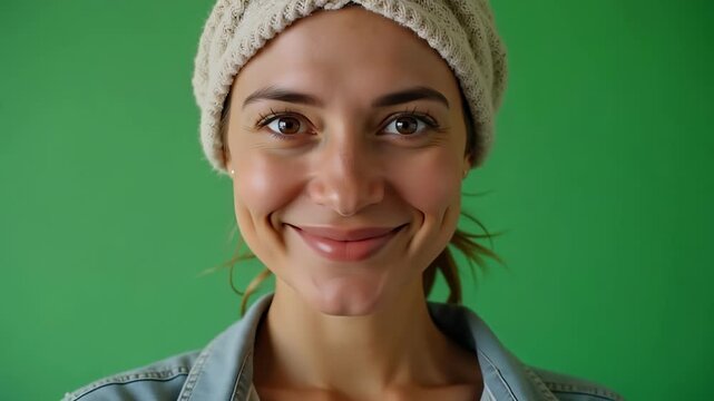 Leah's gentle smile radiates warmth, captured in a close-up portrait with a head covering against a vibrant green screen background, ideal for beauty and wellness concepts.