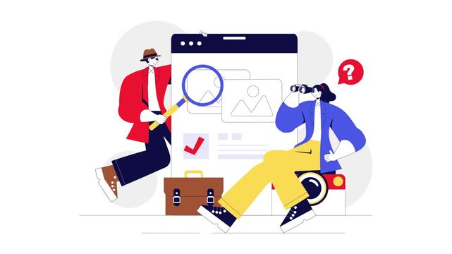 Animation of Private Investigator Illustration Featuring Detective Services with Magnifier, Binoculars and Newspaper Articles for Crime Investigation