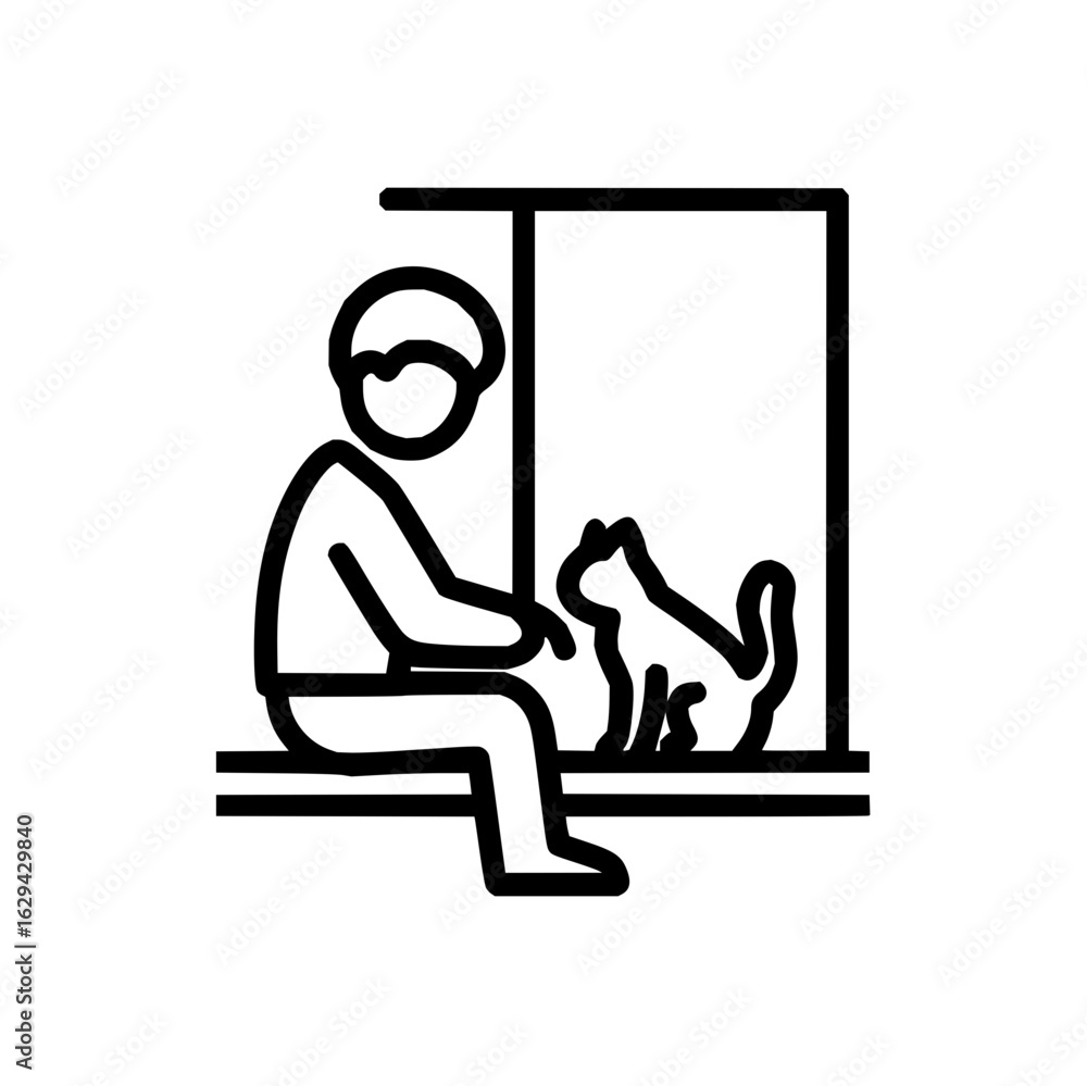 Poster a person sitting on a window sill with a cat looking at them in a black and white line drawing style