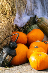 A Spooky Still Life with a Lantern and Spiderwebs. Concept The atmosphere of Halloween night.