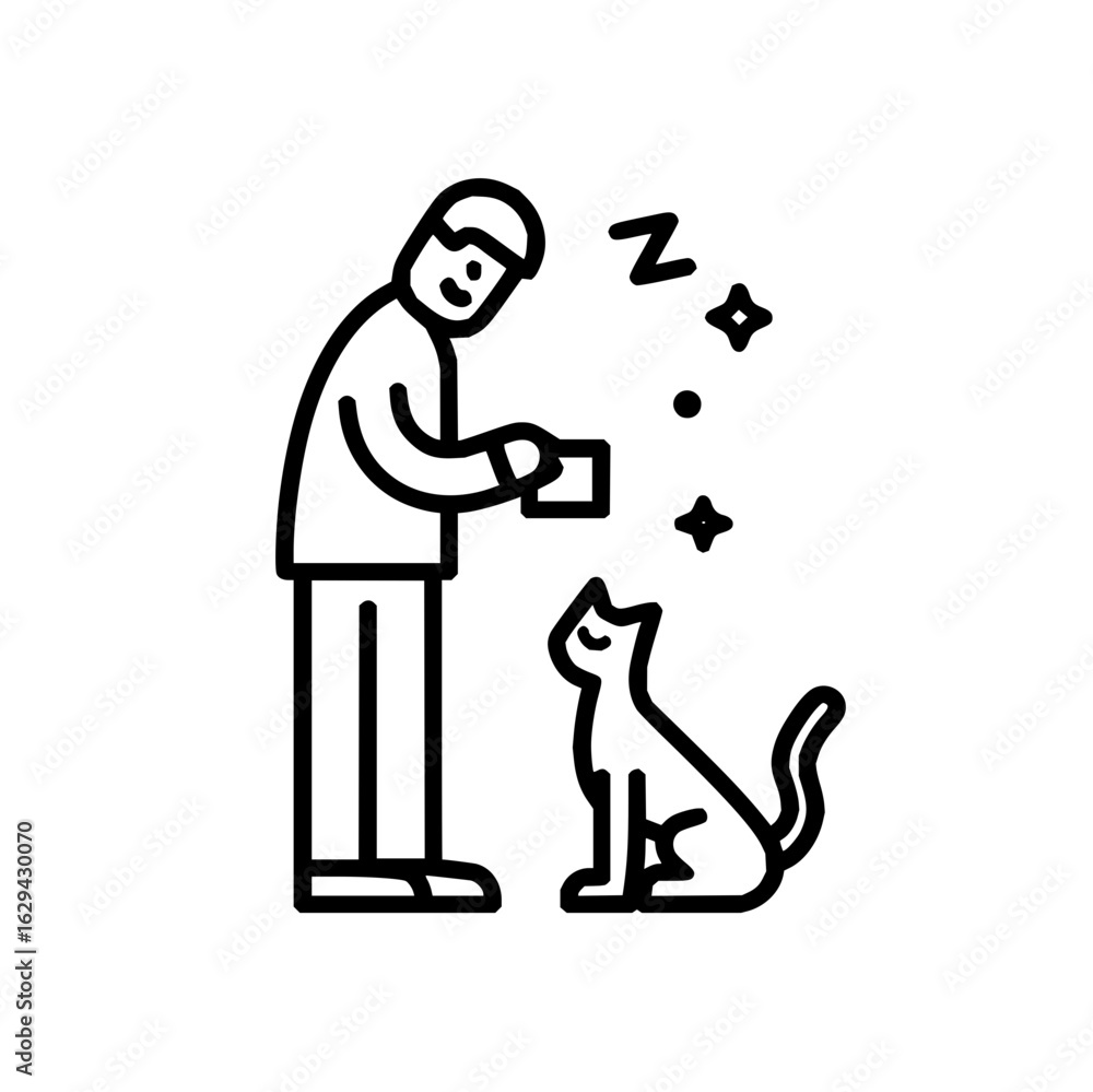 Poster a person offering something to a cat with zzz and stars above the cat in a simple line drawing style
