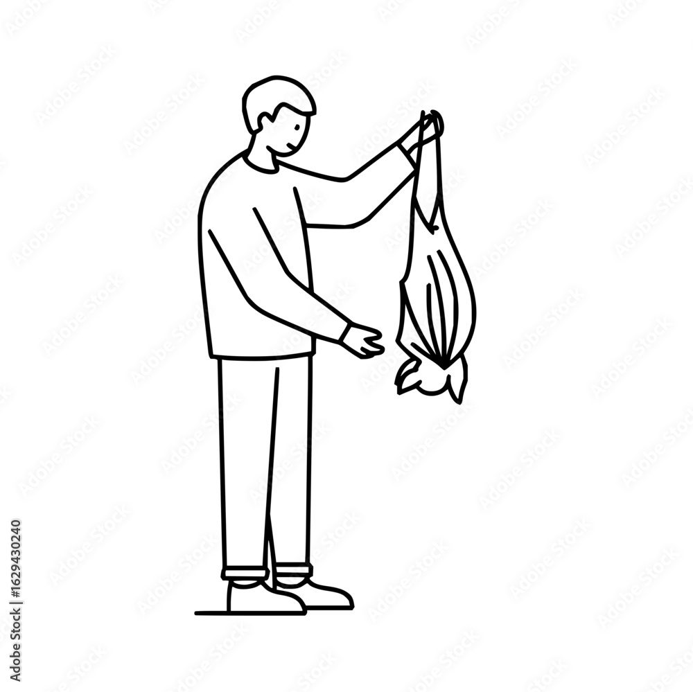 Poster a man in outline style holding a bat upside down by its feet with both hands in a simple line drawin