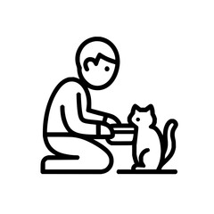 A person kneeling and feeding a cat from a bowl in a simple black and white line drawing graphic style image