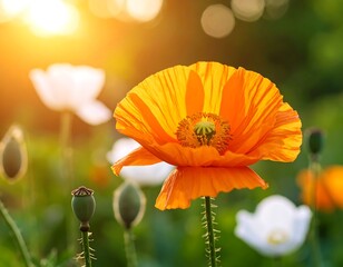 Orange poppy in a field of poppies