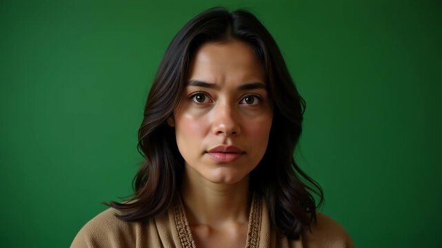 Close-up portrait of Martha of Bethany expressing concern on green screen, perfect for biblical narratives and storytelling in 4k.