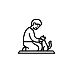 Illustration of a person kneeling and petting a cat on a mat in a simple black and white line drawing