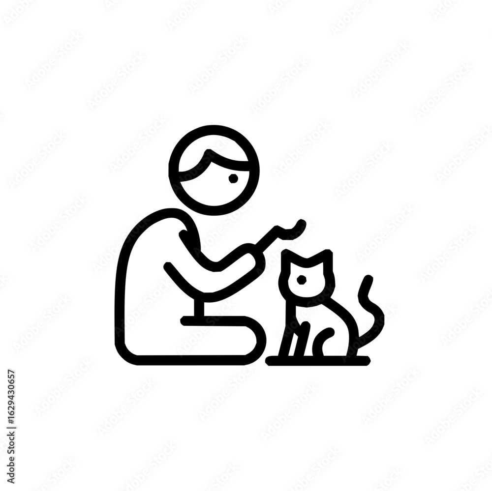 Poster person playing with a cat using a stick toy in a simple line art style on a white background design 