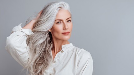 Fototapeta premium A mature woman with a confident demeanor and silver hair, dressed in a white button-up shirt, stands against a textured wall, embodying success and a professional lifestyle