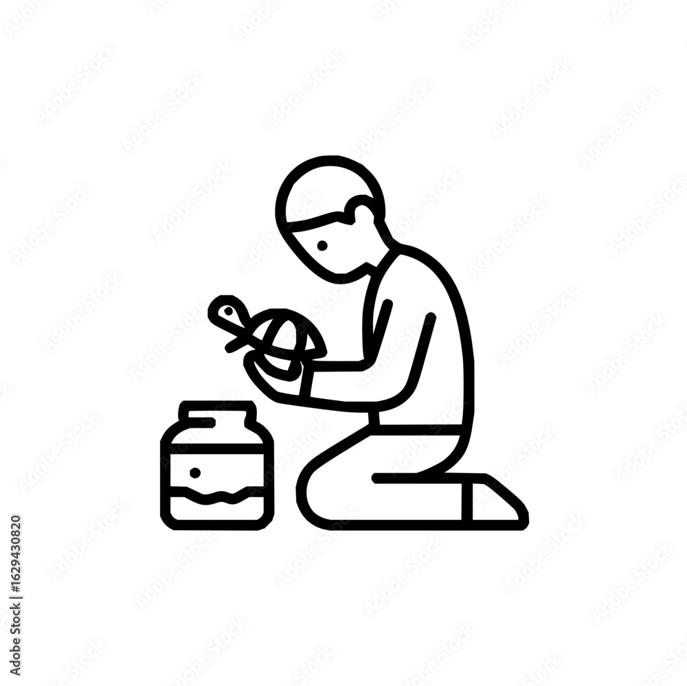 Poster a person kneeling and holding a turtle with a jar next to them in a simple line drawing style art