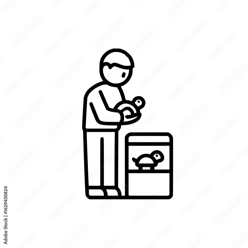 Poster person holding a turtle next to an enclosure with another turtle illustrated in a simple line drawin