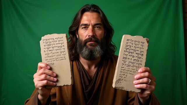 Moses holding stone tablets on a green screen, perfect for historical reenactments, religious projects, and educational content, 4k footage