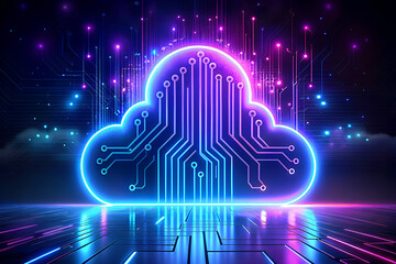 Digital cloud computing network with neon circuitry and futuristic data flow in a vibrant abstract technological landscape