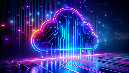 Vibrant neon glowing cloud computing symbol with intricate circuit board patterns and digital data streams in a futuristic dark background with bokeh lights