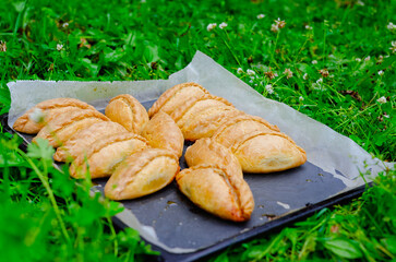 Homemade Pastries on Baking Tray in Outdoor Picnic Setting. Freshly baked Kibinas are traditional pastries filled with mutton and onion, popular with the Karaite ethnic minority in Lithuania. 