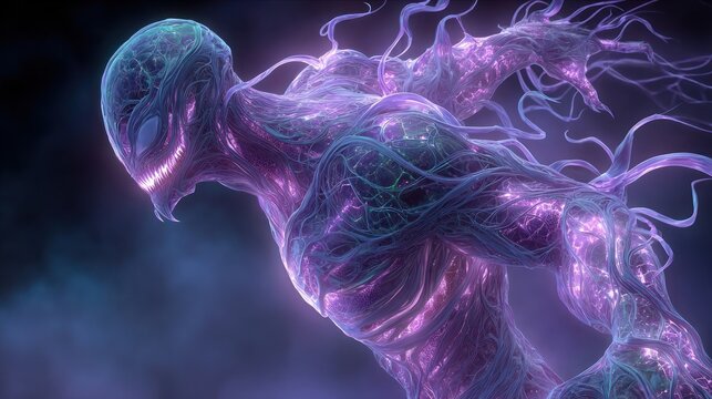 Spectral entity with glowing veins and grinning maw, floating in an ethereal mist