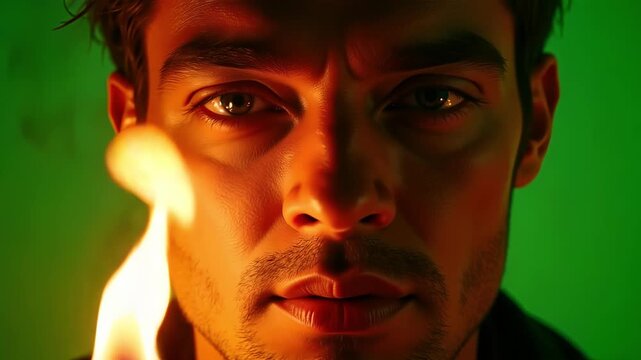 Meshach's firelit expression on green screen, perfect for adding dynamic emotion to your creative projects, showcasing intensity and focus.