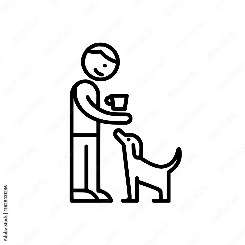 Poster a person offering a cup to a dog in a simple line drawing with a minimalist design and clear outline