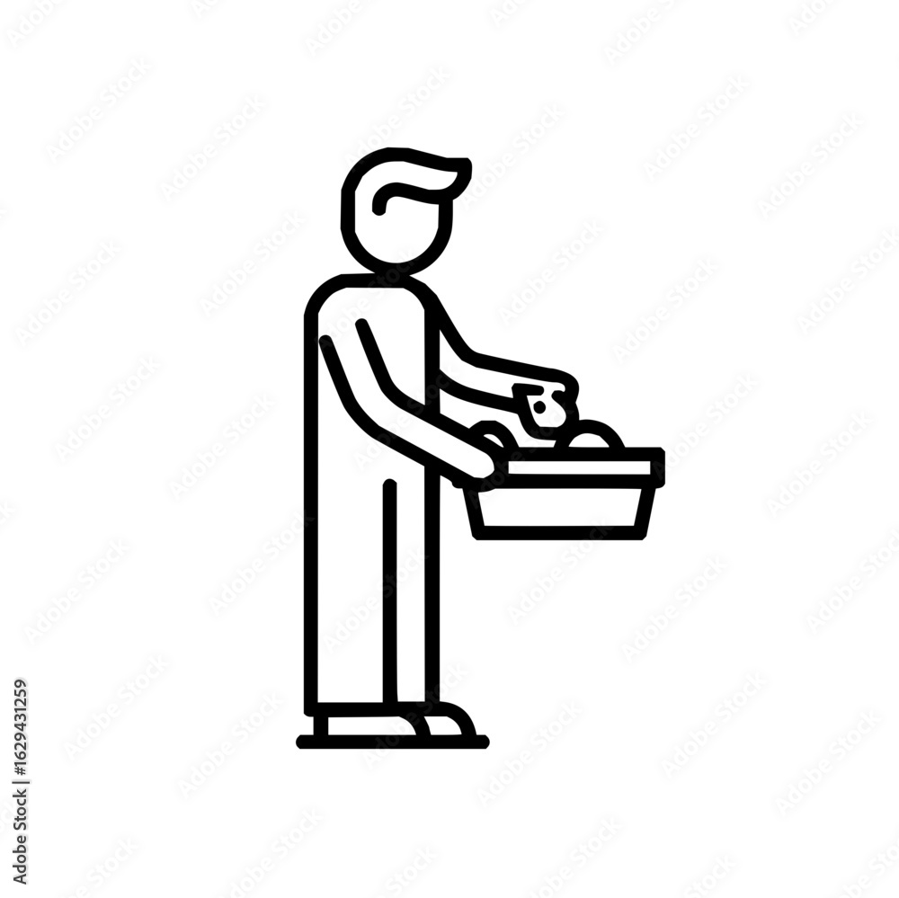 Poster a person standing holding a basket filled with round objects in a simple outline style illustration 