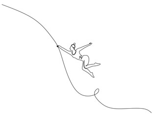 continuous line art of a woman who works as a trapeze dancer or aerial dancer performing and showing off her skills, jumping high and hanging from a rope