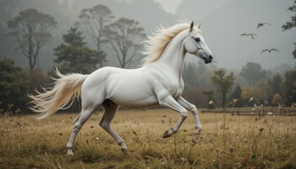 Fototapeta premium Majestic White Stallion Galloping Across a Misty Meadow