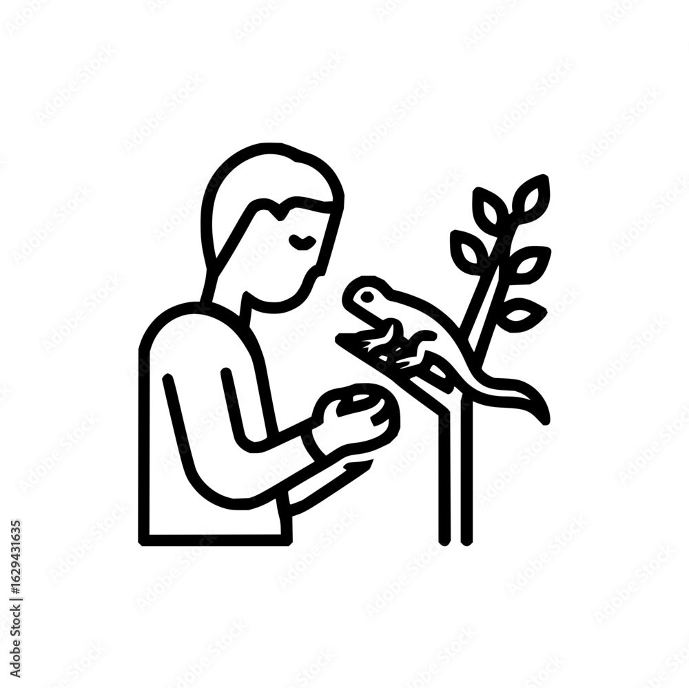 Aufkleber person looking at a lizard on a branch while holding a small round object in their hands in a line d