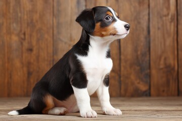An Australian Shepherd puppy sporting a tricolor coat sits on a wooden floor in front of a rustic barn wall, gazing intently to one side with an alert expression
