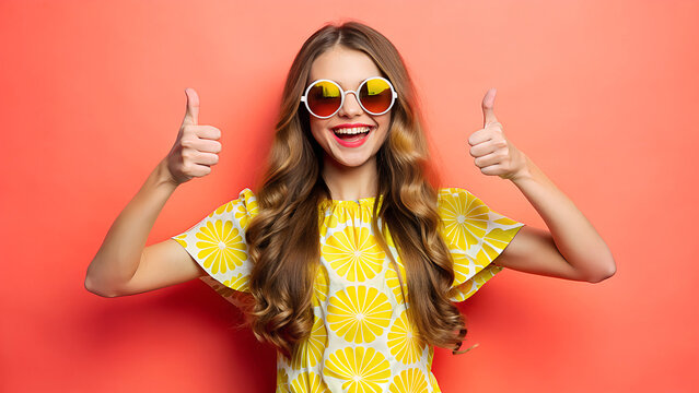 Excited young woman wearing fun lemon print dress and heart shaped sunglasses gives two thumbs up against a vibrant coral background