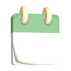 A 3D image of a blank calendar or notepad. The top is a green and the pages are white, with a beige spiral binding.