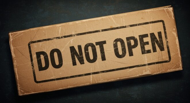 Cardboard box label features a bold stamped warning message stating do not open to prevent unauthorized access to the contents.